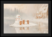 Ein Poster mit einem Schneemann und Lebkuchenmännern, die an einem zugefrorenen See Weihnachtsstimmung verbreiten.-4