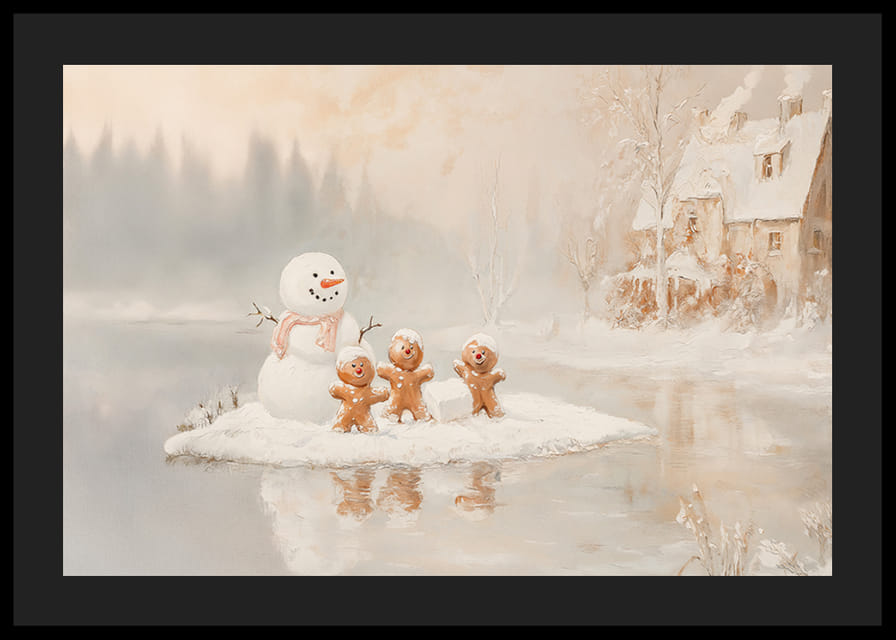 Ein Poster mit einem Schneemann und Lebkuchenmännern, die an einem zugefrorenen See Weihnachtsstimmung verbreiten.-12