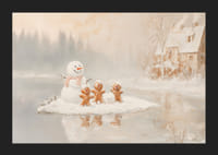 Ein Poster mit einem Schneemann und Lebkuchenmännern, die an einem zugefrorenen See Weihnachtsstimmung verbreiten.-5