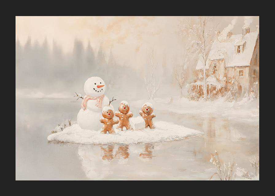 Ein Poster mit einem Schneemann und Lebkuchenmännern, die an einem zugefrorenen See Weihnachtsstimmung verbreiten.-12