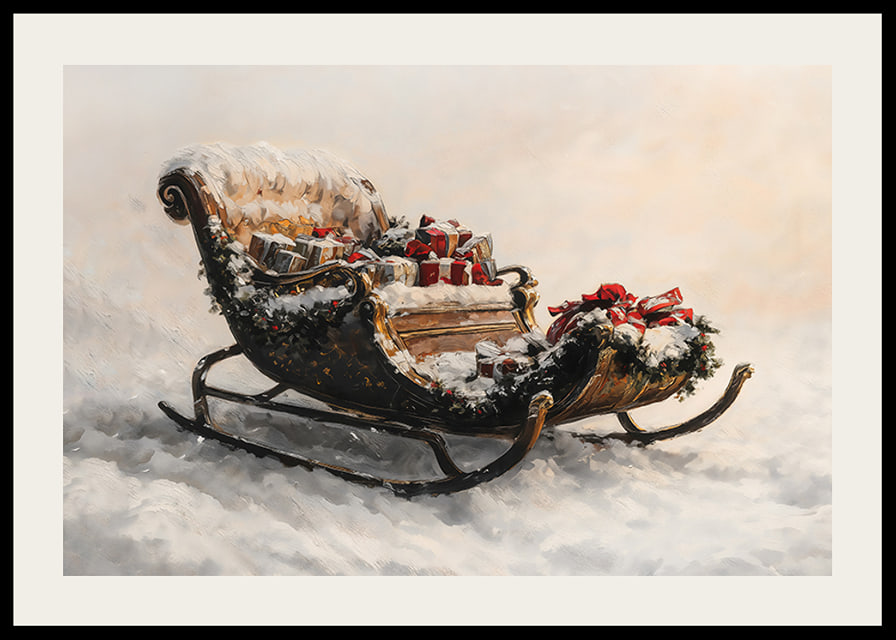 En poster med en snöklädd släde fylld av julklappar som sprider festlig magi och traditionell charm.-12