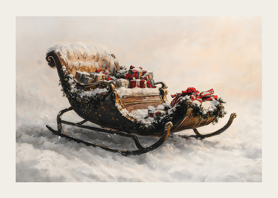 En poster med en snöklädd släde fylld av julklappar som sprider festlig magi och traditionell charm.-12