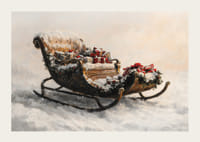 Un cartel que muestra un trineo nevado lleno de regalos navideños que rezuma magia festiva y encanto tradicional.-3