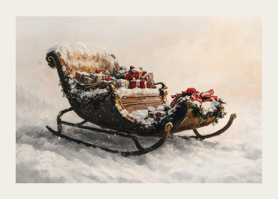 Un cartel que muestra un trineo nevado lleno de regalos navideños que rezuma magia festiva y encanto tradicional.-12
