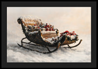 En poster med en snöklädd släde fylld av julklappar som sprider festlig magi och traditionell charm.-4