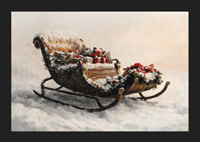 En poster med en snöklädd släde fylld av julklappar som sprider festlig magi och traditionell charm.-5