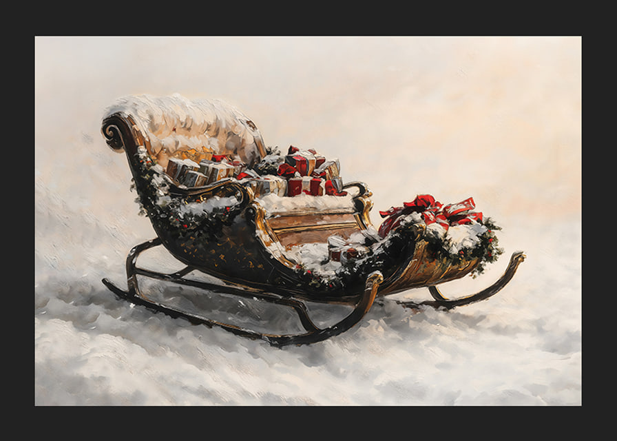 En poster med en snöklädd släde fylld av julklappar som sprider festlig magi och traditionell charm.-12