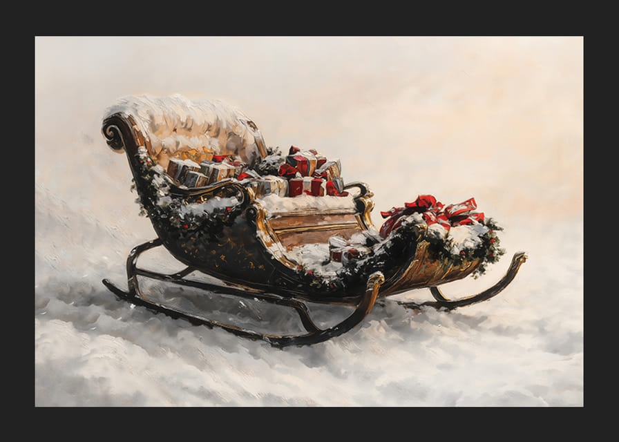 Un cartel que muestra un trineo nevado lleno de regalos navideños que rezuma magia festiva y encanto tradicional.-12