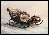 En poster med en snöklädd släde fylld av julklappar som sprider festlig magi och traditionell charm.-6