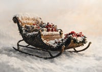 En poster med en snöklädd släde fylld av julklappar som sprider festlig magi och traditionell charm.-7
