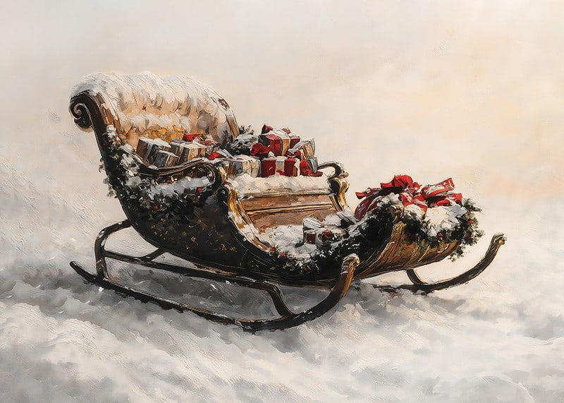 En poster med en snöklädd släde fylld av julklappar som sprider festlig magi och traditionell charm.-12
