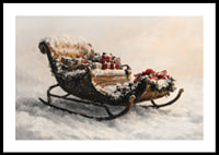 En poster med en snöklädd släde fylld av julklappar som sprider festlig magi och traditionell charm.-0