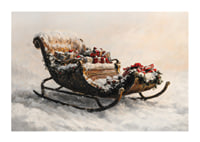 En poster med en snöklädd släde fylld av julklappar som sprider festlig magi och traditionell charm.-1