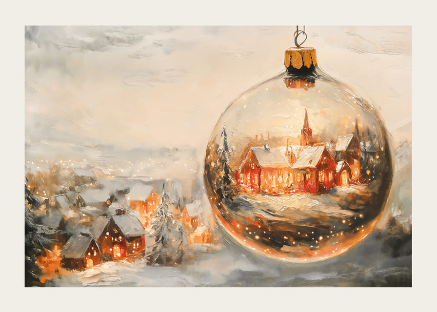 Un afiș cu un sat de Crăciun acoperit de zăpadă, închis într-un glob de Crăciun limpede, care răspândește căldura iernii.-12
