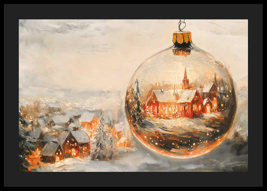 A poster with a snow-covered Christmas village enclosed in a crystal-clear Christmas ball that spreads winter warmth.-12