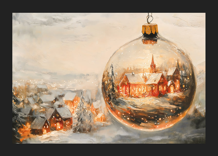 A poster with a snow-covered Christmas village enclosed in a crystal-clear Christmas ball that spreads winter warmth.-12