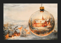 Un afiș cu un sat de Crăciun acoperit de zăpadă, închis într-un glob de Crăciun limpede, care răspândește căldura iernii.-5