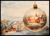 A poster with a snow-covered Christmas village enclosed in a crystal-clear Christmas ball that spreads winter warmth.-6