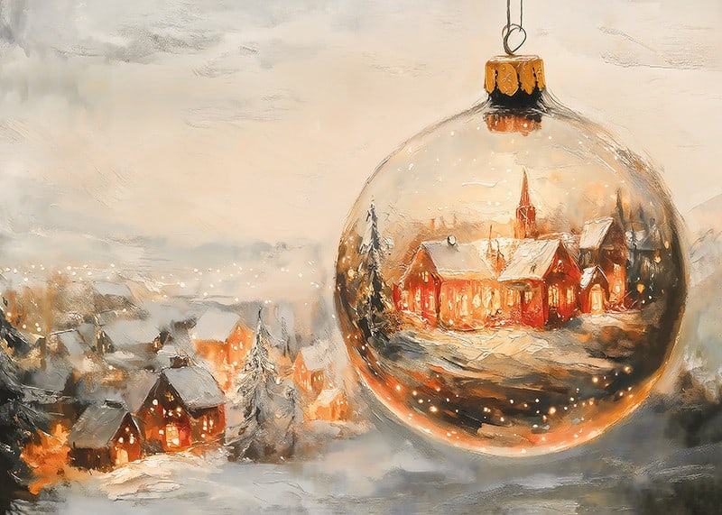 A poster with a snow-covered Christmas village enclosed in a crystal-clear Christmas ball that spreads winter warmth.-12