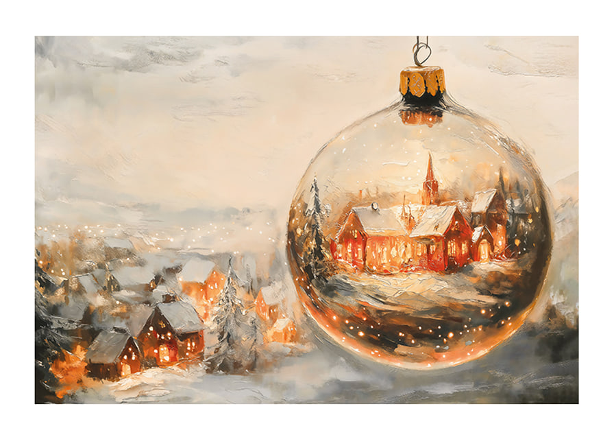 A poster with a snow-covered Christmas village enclosed in a crystal-clear Christmas ball that spreads winter warmth.-12