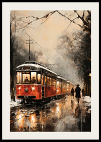 Ein Poster mit einer roten Straßenbahn, die durch eine neblige Winterstadt fährt.-2