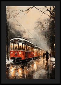 Ein Poster mit einer roten Straßenbahn, die durch eine neblige Winterstadt fährt.-4