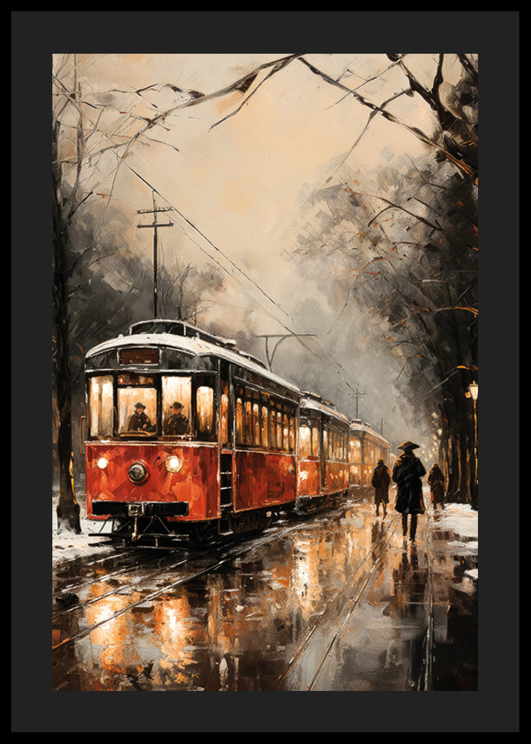 Ein Poster mit einer roten Straßenbahn, die durch eine neblige Winterstadt fährt.-12