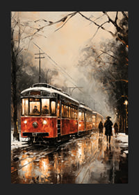 Ein Poster mit einer roten Straßenbahn, die durch eine neblige Winterstadt fährt.-5