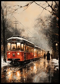 Ein Poster mit einer roten Straßenbahn, die durch eine neblige Winterstadt fährt.-6