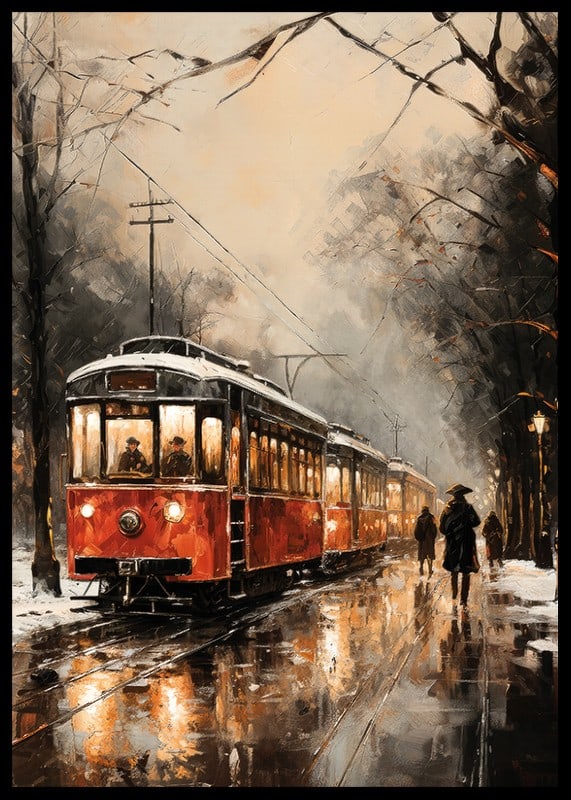 Ein Poster mit einer roten Straßenbahn, die durch eine neblige Winterstadt fährt.-12