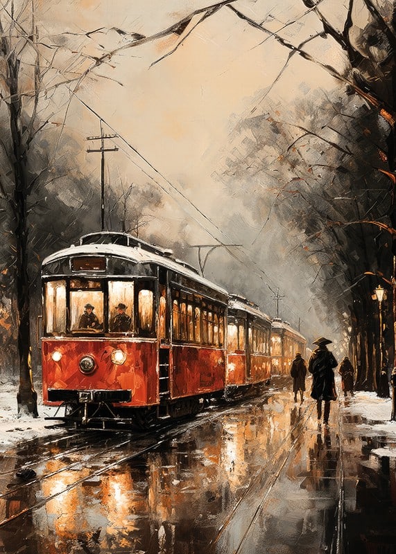 Ein Poster mit einer roten Straßenbahn, die durch eine neblige Winterstadt fährt.-12