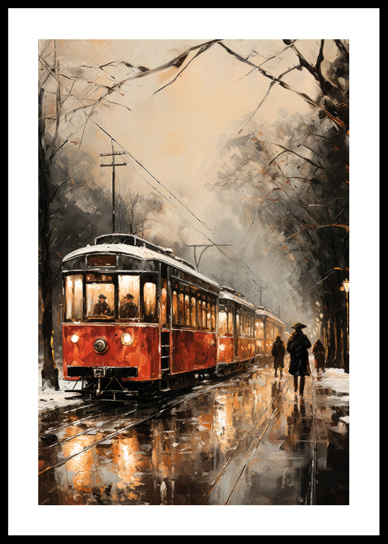 Ein Poster mit einer roten Straßenbahn, die durch eine neblige Winterstadt fährt.-12