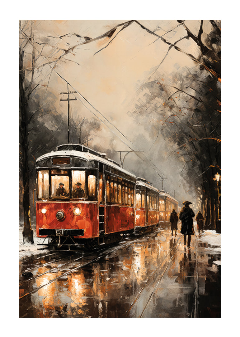 Ein Poster mit einer roten Straßenbahn, die durch eine neblige Winterstadt fährt.-12