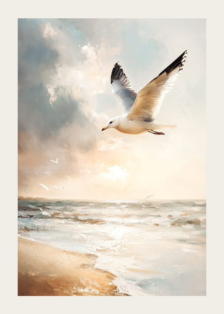 A poster capturing a seagull in free flight over a sunlit sea-12