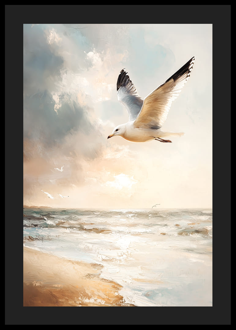 A poster capturing a seagull in free flight over a sunlit sea-12