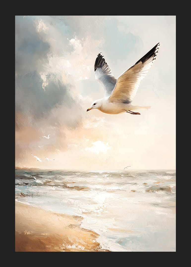 A poster capturing a seagull in free flight over a sunlit sea-12