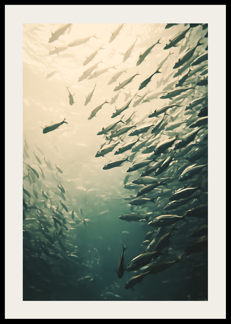 A poster capturing a school of fish moving through sunlit ocean depths-12