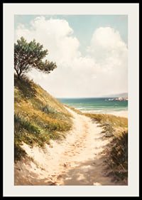 A poster that leads you along a sunny sandy path towards the sea, with a harmonious and calming coastal atmosphere-2