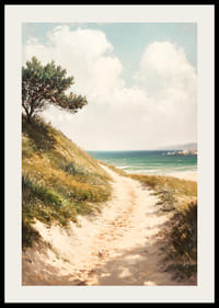 En poster som leder dig längs en solig sandstig mot havet, med en harmonisk och lugnande kustatmosfär-2