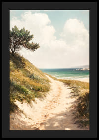 En poster som leder dig längs en solig sandstig mot havet, med en harmonisk och lugnande kustatmosfär-4