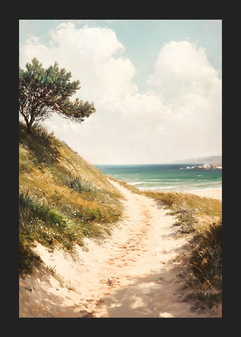 A poster that leads you along a sunny sandy path towards the sea, with a harmonious and calming coastal atmosphere-12