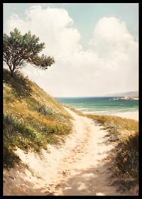 A poster that leads you along a sunny sandy path towards the sea, with a harmonious and calming coastal atmosphere-6