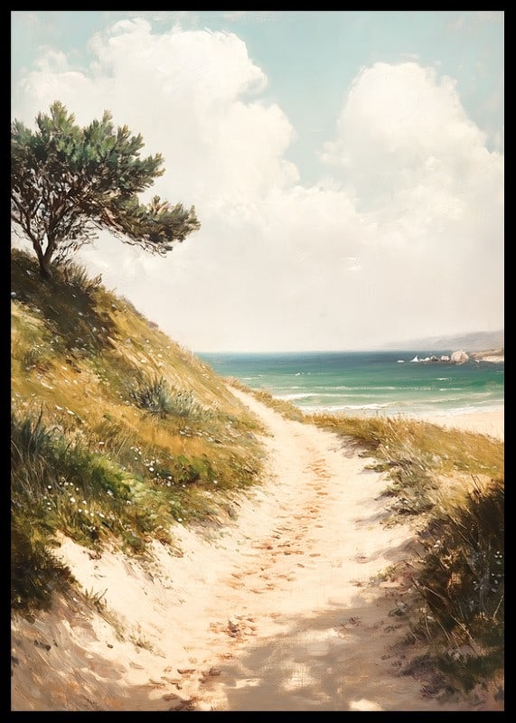 A poster that leads you along a sunny sandy path towards the sea, with a harmonious and calming coastal atmosphere-12