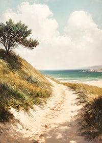 A poster that leads you along a sunny sandy path towards the sea, with a harmonious and calming coastal atmosphere-7