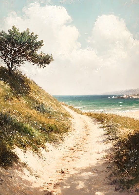 A poster that leads you along a sunny sandy path towards the sea, with a harmonious and calming coastal atmosphere-12