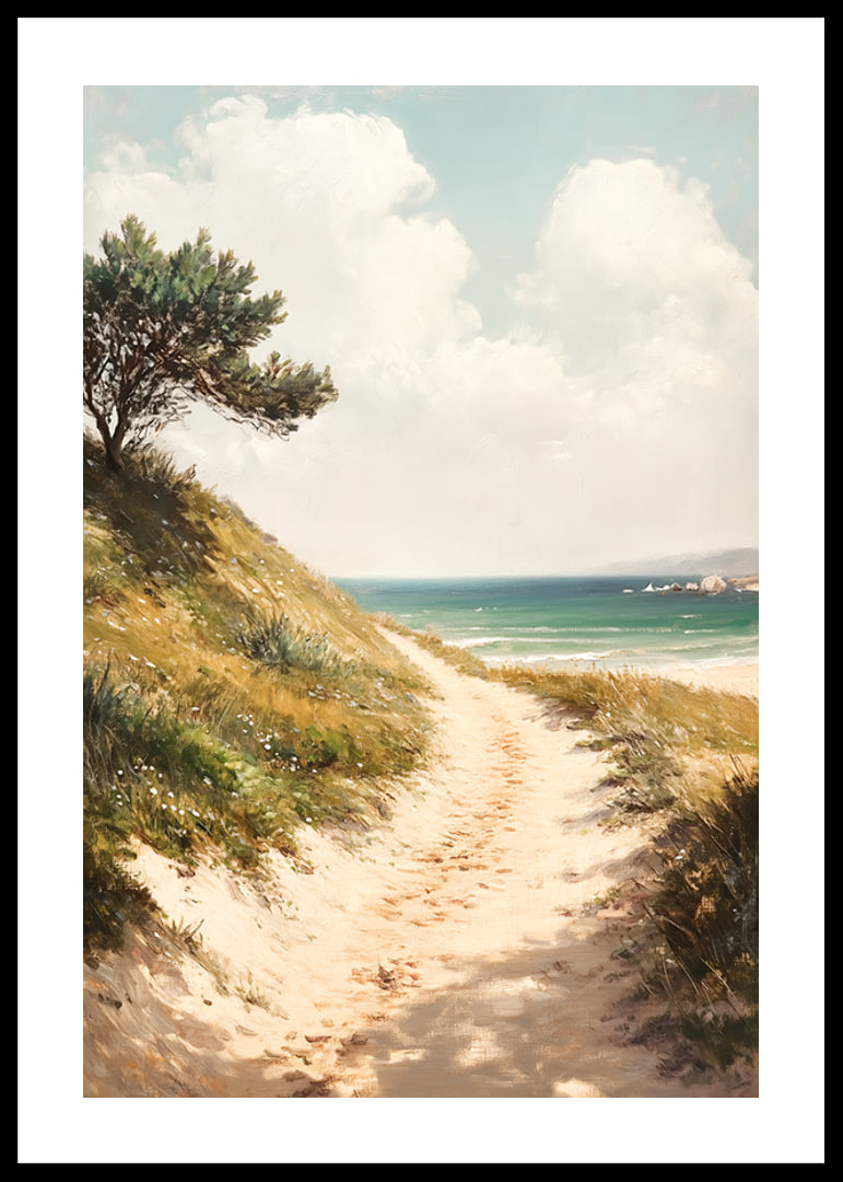 A poster that leads you along a sunny sandy path towards the sea, with a harmonious and calming coastal atmosphere-12