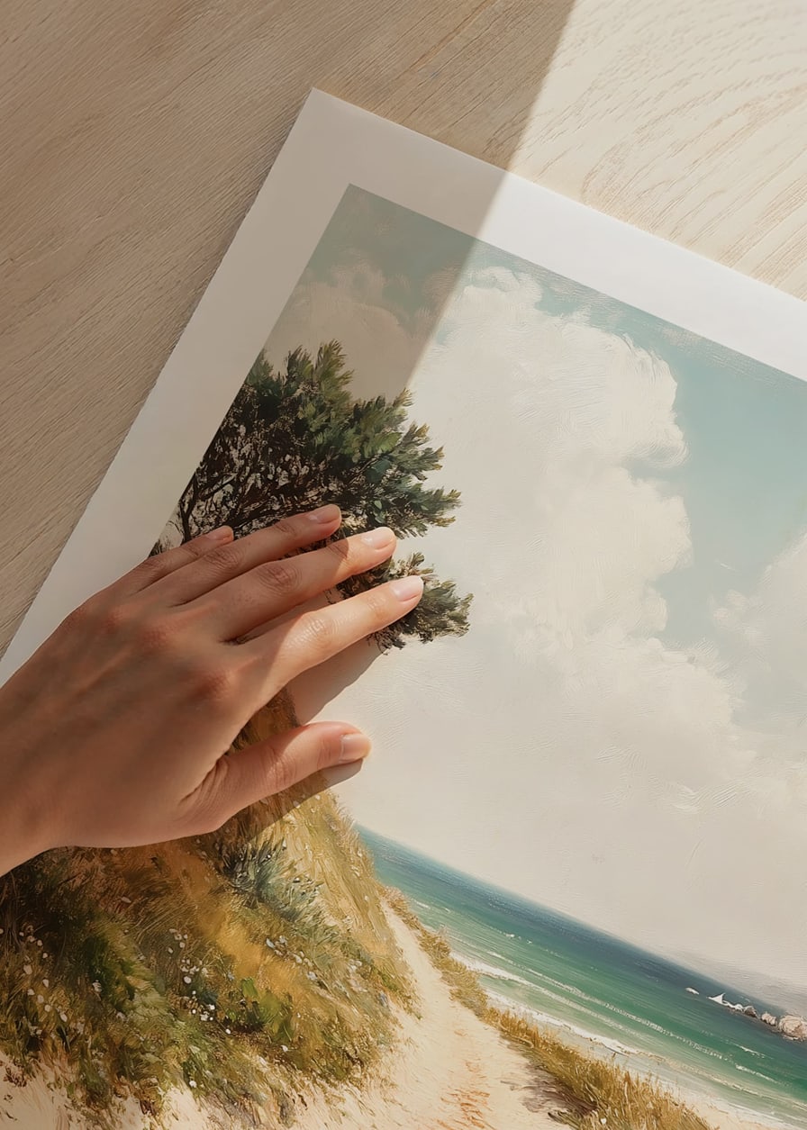 A poster that leads you along a sunny sandy path towards the sea, with a harmonious and calming coastal atmosphere-12