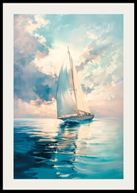 A poster capturing a sailboat on calm waters, surrounded by soft sky colors and a dreamy light-2