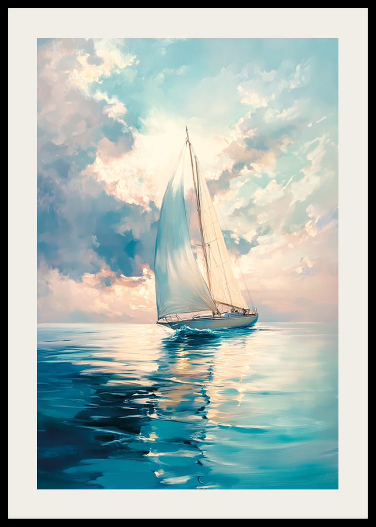 A poster capturing a sailboat on calm waters, surrounded by soft sky colors and a dreamy light-12