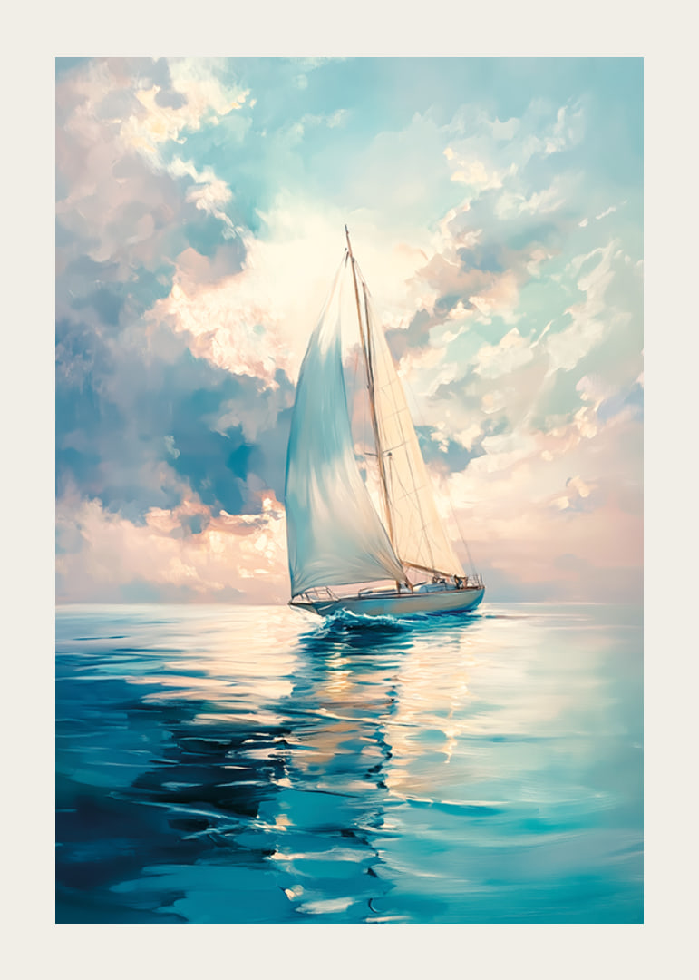 A poster capturing a sailboat on calm waters, surrounded by soft sky colors and a dreamy light-12